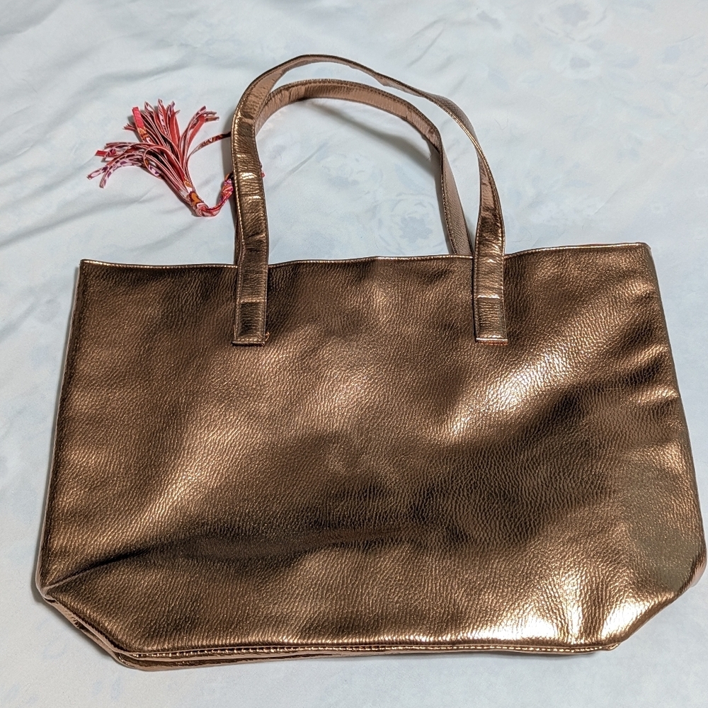 NWOT Bronze Metallic Faux Leather -Snap Shut Tote Bag w/ Bright Floral Lining